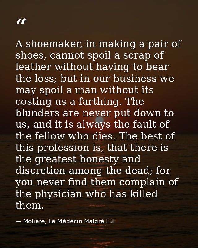 A shoemaker, in making a pair of shoes, cannot spoil a scrap of leather without having to bear the loss; but in our busi — Molière, Le Médecin Malgré Lui