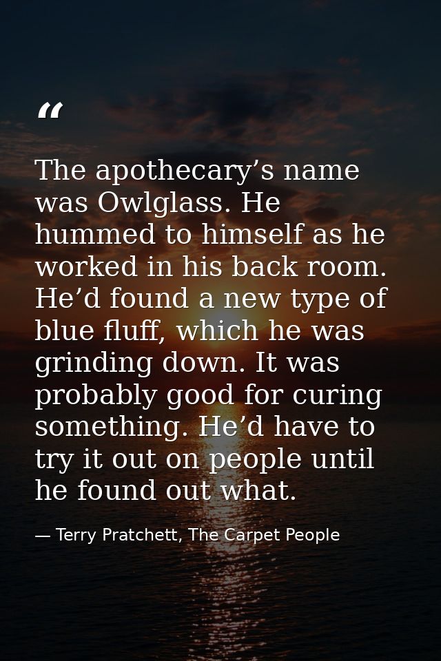 The apothecary’s name was Owlglass. He hummed to himself as he worked in his back room. He’d found a new type of blue fl — Terry Pratchett, The Carpet People