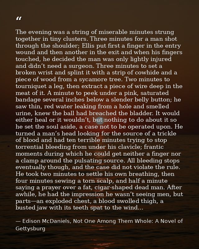 The evening was a string of miserable minutes strung together in tiny clusters. Three minutes for a man shot through the — Edison McDaniels, Not One Among Them Whole: A Novel of Gettysburg