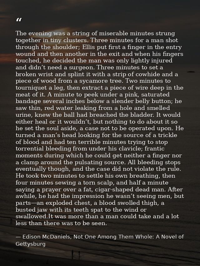 The evening was a string of miserable minutes strung together in tiny clusters. Three minutes for a man shot through the — Edison McDaniels, Not One Among Them Whole: A Novel of Gettysburg