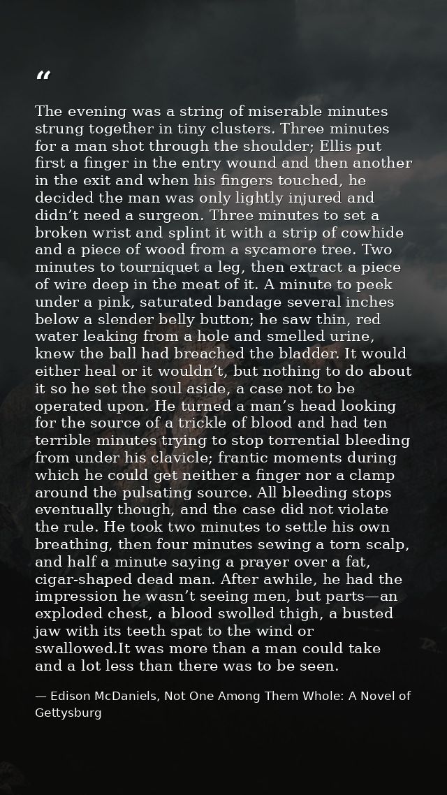 The evening was a string of miserable minutes strung together in tiny clusters. Three minutes for a man shot through the — Edison McDaniels, Not One Among Them Whole: A Novel of Gettysburg