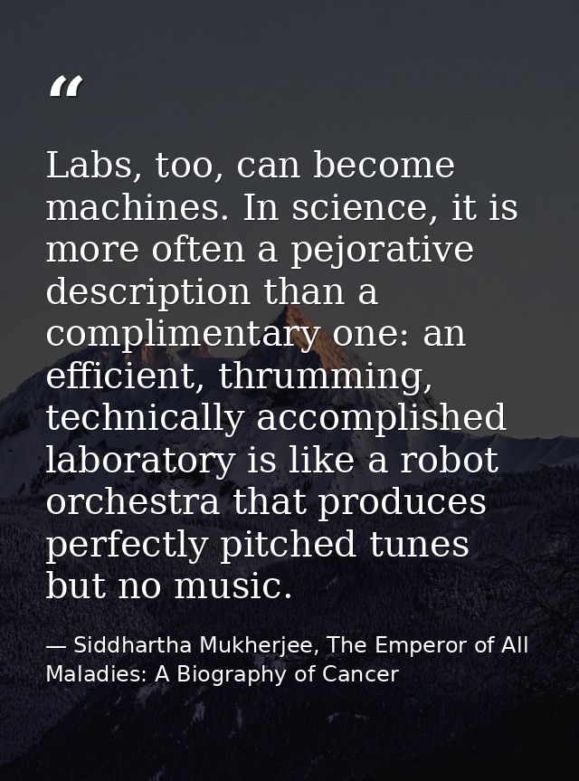 Labs, too, can become machines. In science, it is more often a pejorative description than a complimentary one: an effic — Siddhartha Mukherjee, The Emperor of All Maladies: A Biography of Cancer