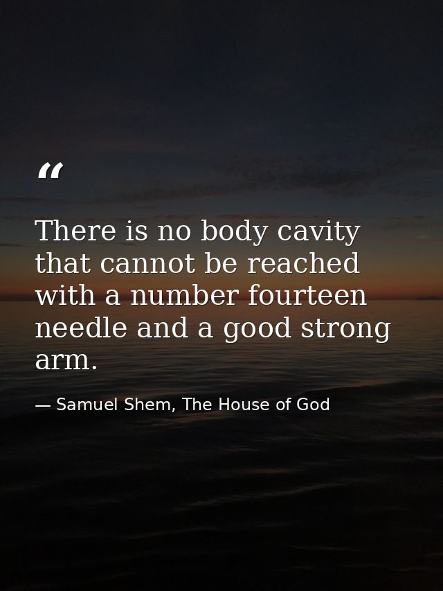There is no body cavity that cannot be reached with a number fourteen needle and a good strong arm. — Samuel Shem, The House of God