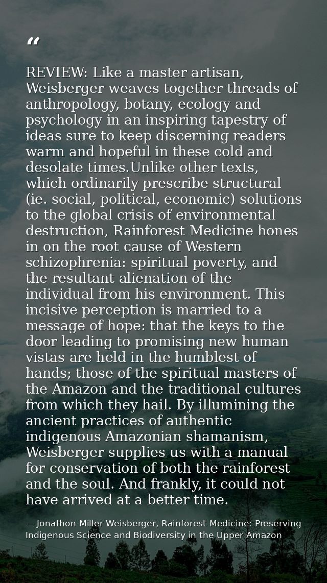 REVIEW: Like a master artisan, Weisberger weaves together threads of anthropology, botany, ecology and psychology in an  — Jonathon Miller Weisberger, Rainforest Medicine: Preserving Indigenous Science and Biodiversity in the Upper Amazon