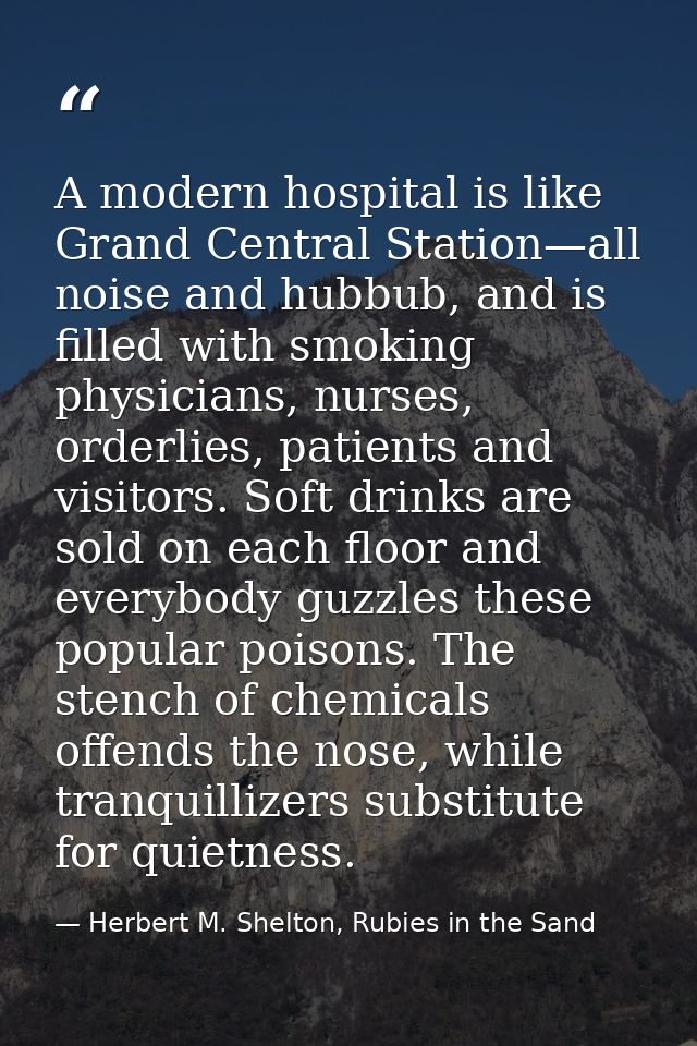 A modern hospital is like Grand Central Station—all noise and hubbub, and is filled with smoking physicians, nurses, ord — Herbert M. Shelton, Rubies in the Sand