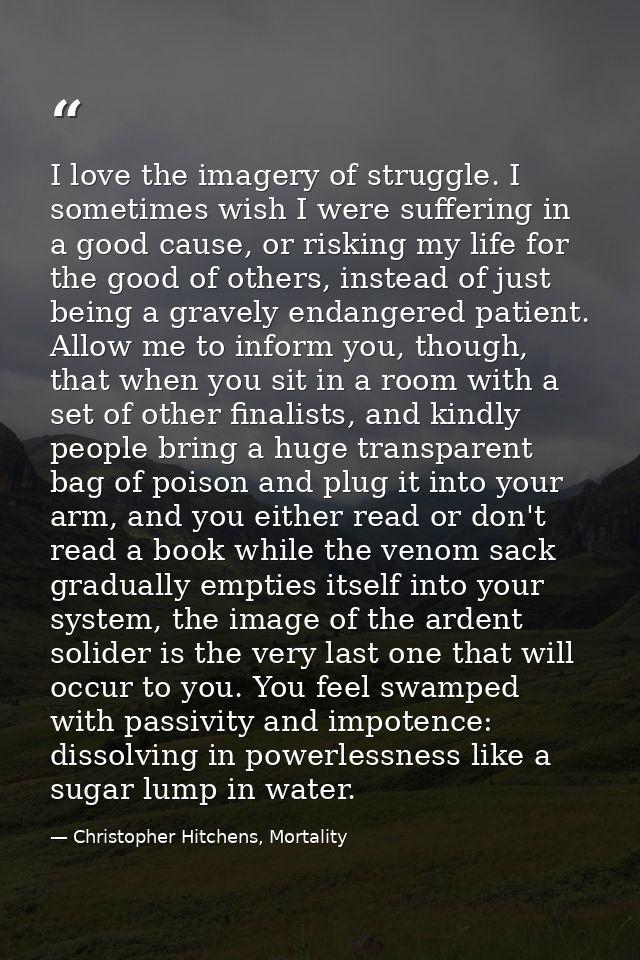 I love the imagery of struggle. I sometimes wish I were suffering in a good cause, or risking my life for the good of ot — Christopher Hitchens, Mortality