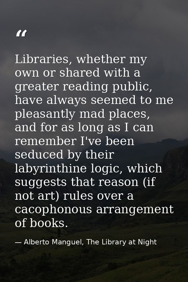 Libraries, whether my own or shared with a greater reading public, have always seemed to me pleasantly mad places, and f — Alberto Manguel, The Library at Night