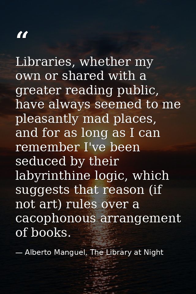 Libraries, whether my own or shared with a greater reading public, have always seemed to me pleasantly mad places, and f — Alberto Manguel, The Library at Night