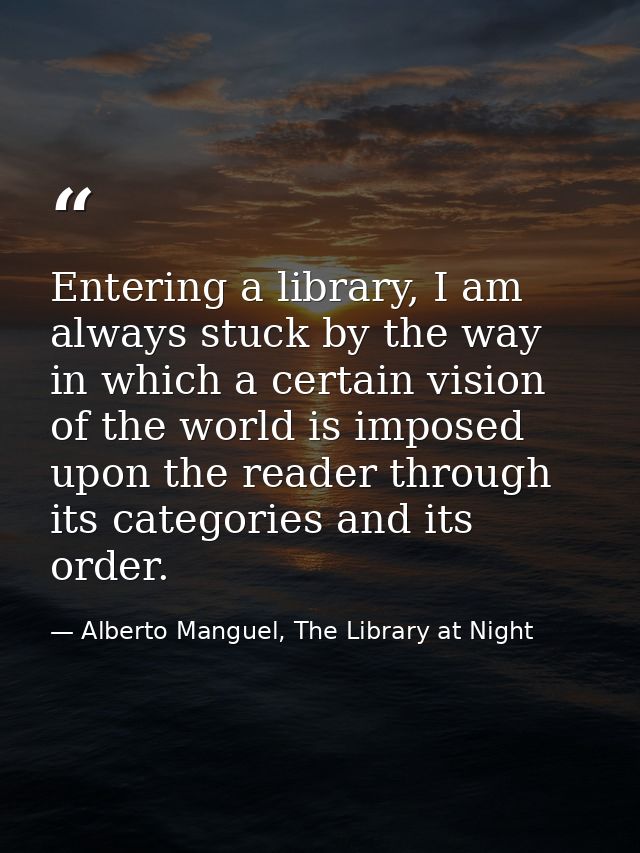 Entering a library, I am always stuck by the way in which a certain vision of the world is imposed upon the reader throu — Alberto Manguel, The Library at Night
