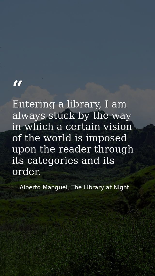 Entering a library, I am always stuck by the way in which a certain vision of the world is imposed upon the reader throu — Alberto Manguel, The Library at Night