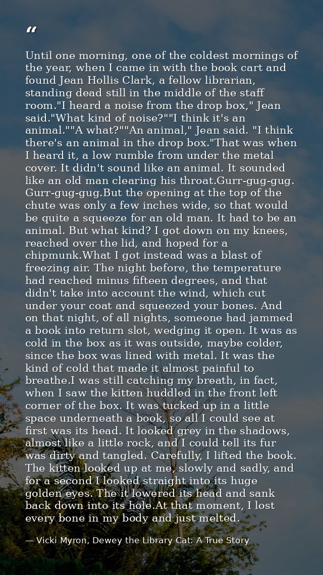 Until one morning, one of the coldest mornings of the year, when I came in with the book cart and found Jean Hollis Clar — Vicki Myron, Dewey the Library Cat: A True Story