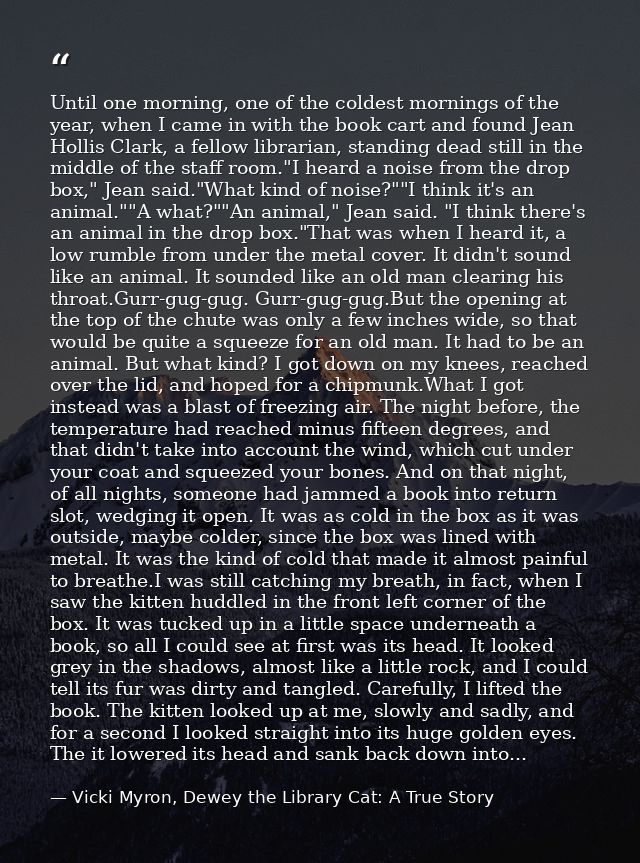 Until one morning, one of the coldest mornings of the year, when I came in with the book cart and found Jean Hollis Clar — Vicki Myron, Dewey the Library Cat: A True Story
