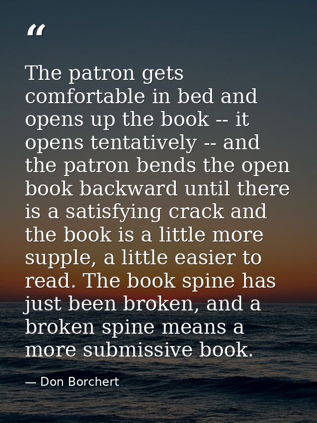 The patron gets comfortable in bed and opens up the book -- it opens tentatively -- and the patron bends the open book b — Don Borchert