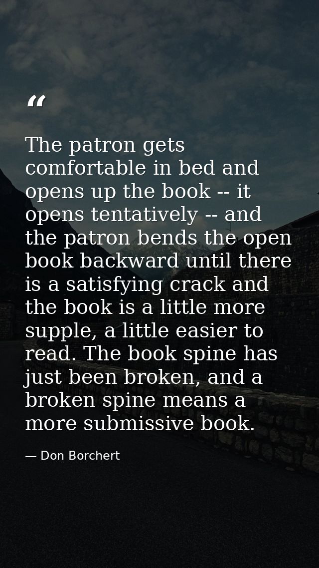The patron gets comfortable in bed and opens up the book -- it opens tentatively -- and the patron bends the open book b — Don Borchert