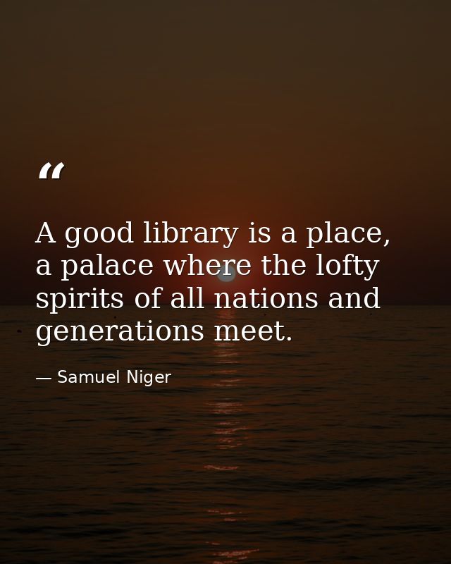 A good library is a place, a palace where the lofty spirits of all nations and generations meet. — Samuel Niger