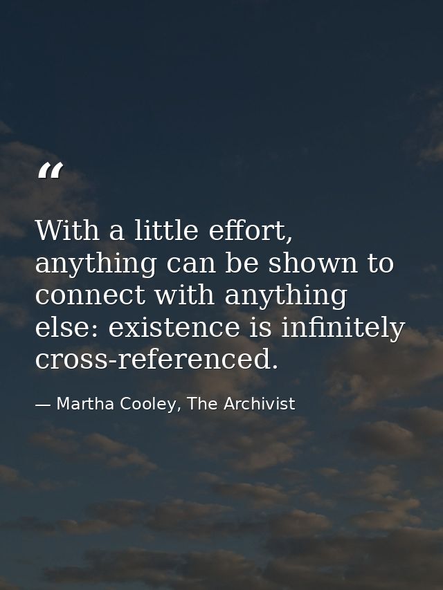 With a little effort, anything can be shown to connect with anything else: existence is infinitely cross-referenced. — Martha Cooley, The Archivist