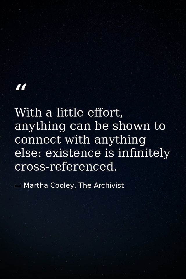 With a little effort, anything can be shown to connect with anything else: existence is infinitely cross-referenced. — Martha Cooley, The Archivist