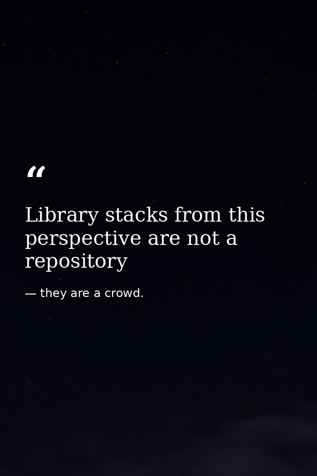 Library stacks from this perspective are not a repository — they are a crowd.
