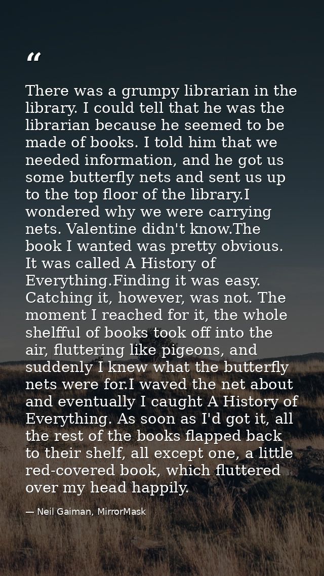 There was a grumpy librarian in the library. I could tell that he was the librarian because he seemed to be made of book — Neil Gaiman, MirrorMask