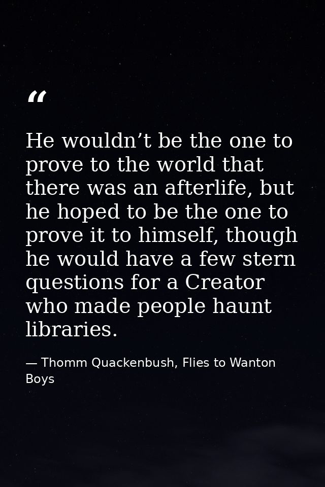 He wouldn’t be the one to prove to the world that there was an afterlife, but he hoped to be the one to prove it to hims — Thomm Quackenbush, Flies to Wanton Boys