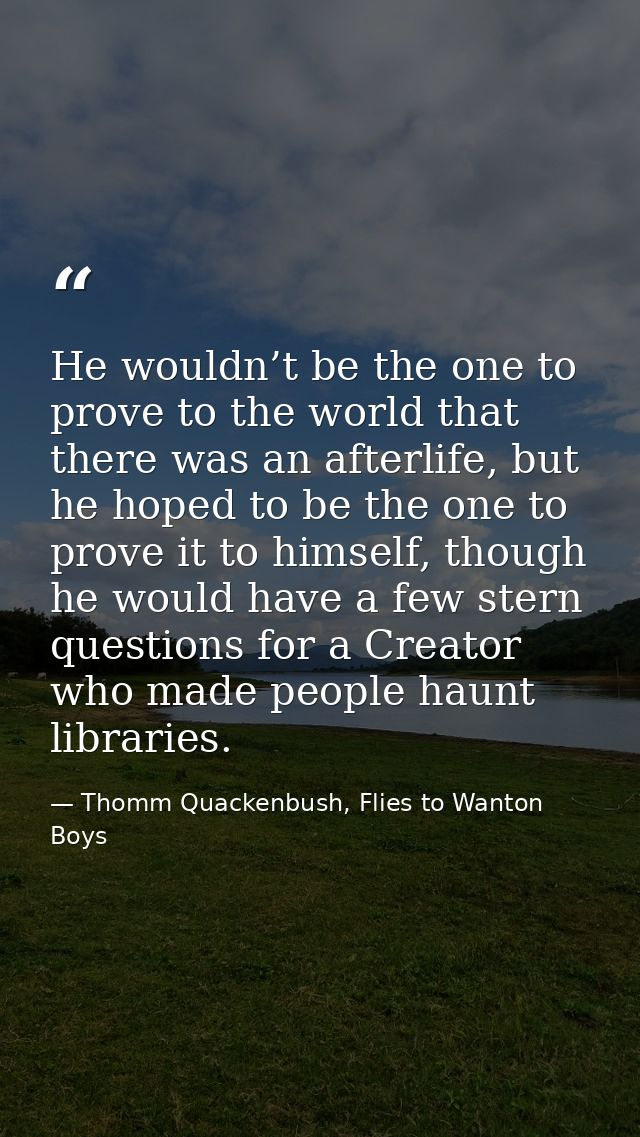 He wouldn’t be the one to prove to the world that there was an afterlife, but he hoped to be the one to prove it to hims — Thomm Quackenbush, Flies to Wanton Boys