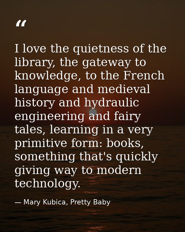 I love the quietness of the library, the gateway to knowledge, to the French language and medieval history and hydraulic — Mary Kubica, Pretty Baby