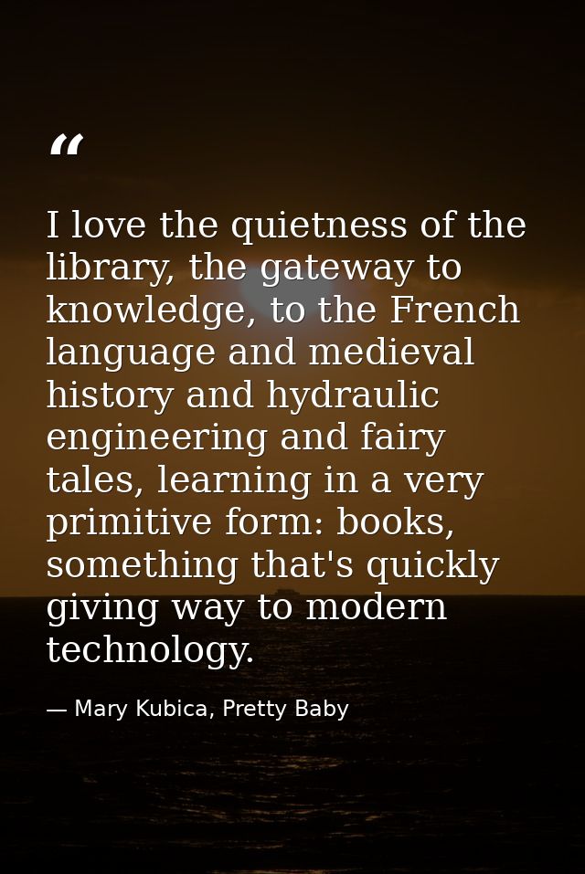 I love the quietness of the library, the gateway to knowledge, to the French language and medieval history and hydraulic — Mary Kubica, Pretty Baby