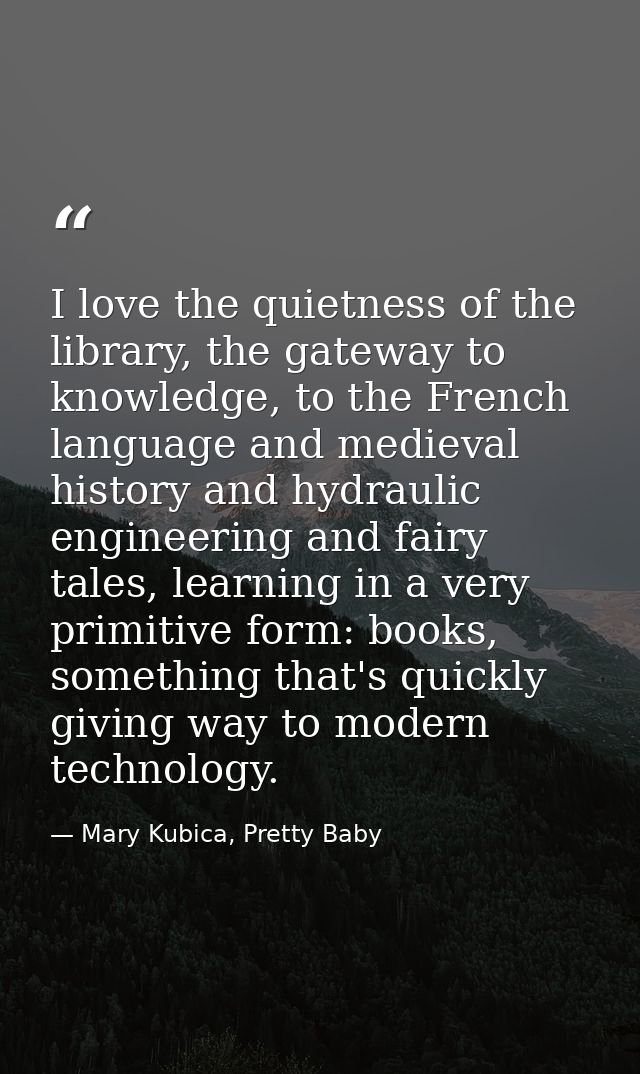 I love the quietness of the library, the gateway to knowledge, to the French language and medieval history and hydraulic — Mary Kubica, Pretty Baby