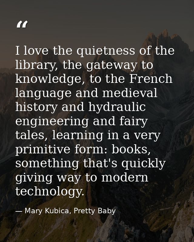I love the quietness of the library, the gateway to knowledge, to the French language and medieval history and hydraulic — Mary Kubica, Pretty Baby
