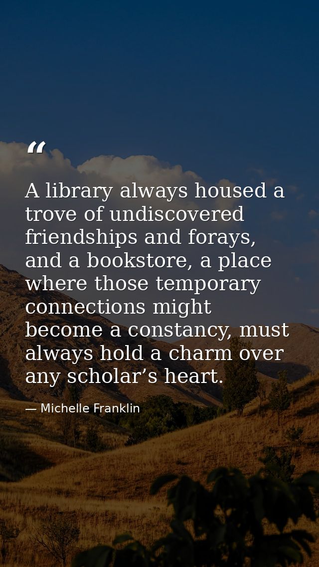 A library always housed a trove of undiscovered friendships and forays, and a bookstore, a place where those temporary c — Michelle Franklin