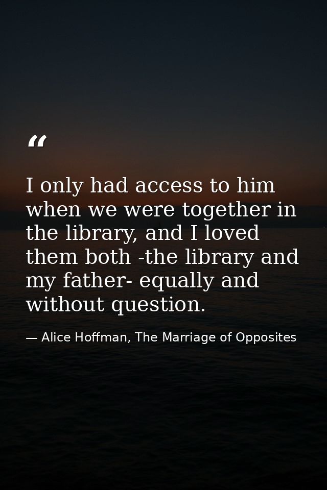 I only had access to him when we were together in the library, and I loved them both -the library and my father- equally — Alice Hoffman, The Marriage of Opposites
