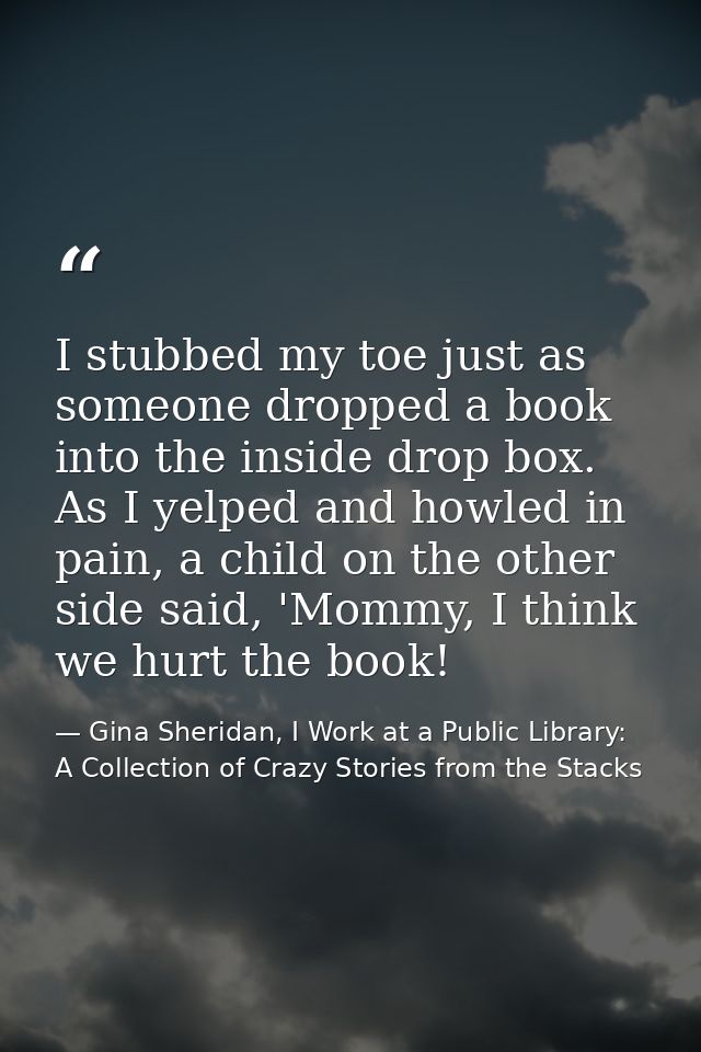 I stubbed my toe just as someone dropped a book into the inside drop box. As I yelped and howled in pain, a child on the — Gina Sheridan, I Work at a Public Library: A Collection of Crazy Stories from the Stacks
