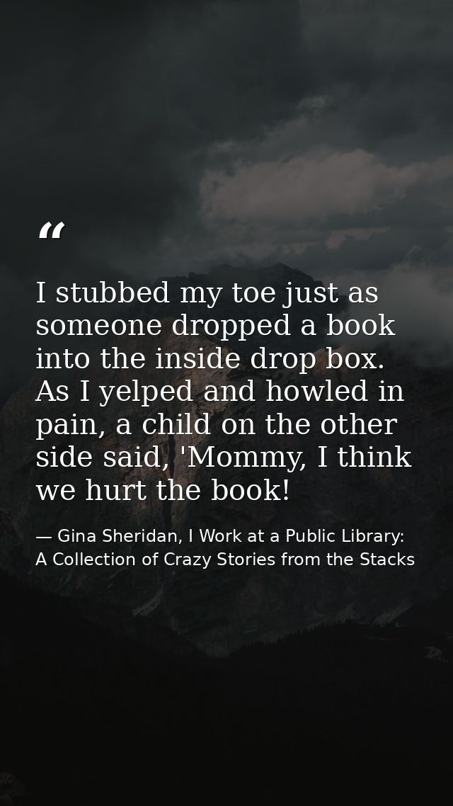 I stubbed my toe just as someone dropped a book into the inside drop box. As I yelped and howled in pain, a child on the — Gina Sheridan, I Work at a Public Library: A Collection of Crazy Stories from the Stacks