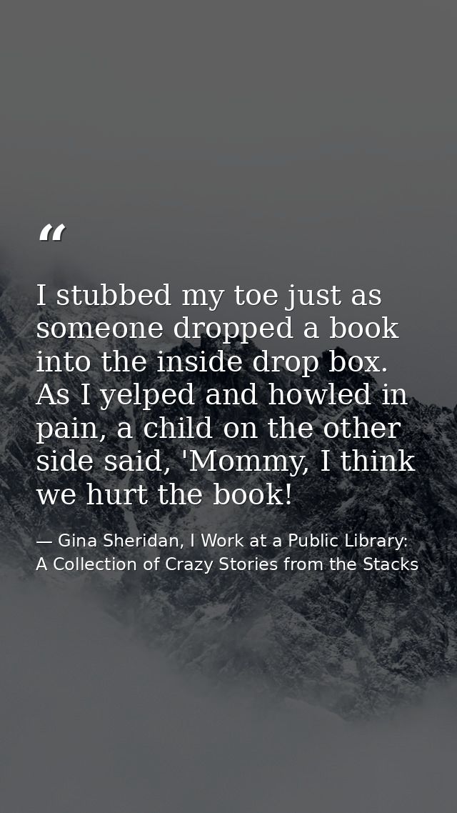 I stubbed my toe just as someone dropped a book into the inside drop box. As I yelped and howled in pain, a child on the — Gina Sheridan, I Work at a Public Library: A Collection of Crazy Stories from the Stacks