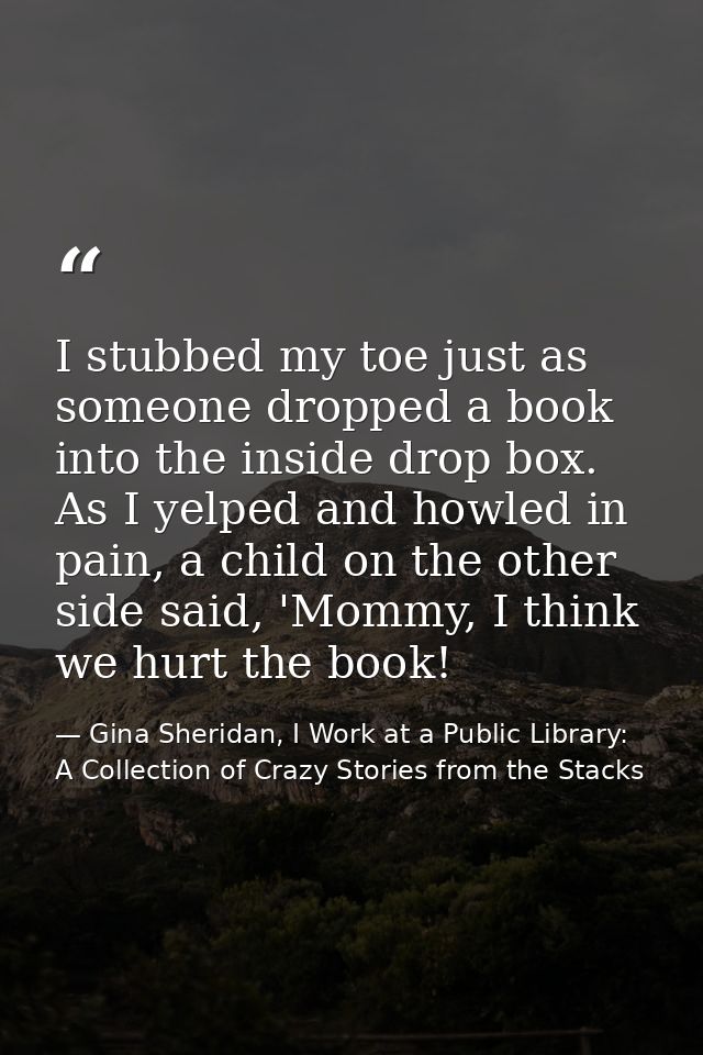 I stubbed my toe just as someone dropped a book into the inside drop box. As I yelped and howled in pain, a child on the — Gina Sheridan, I Work at a Public Library: A Collection of Crazy Stories from the Stacks