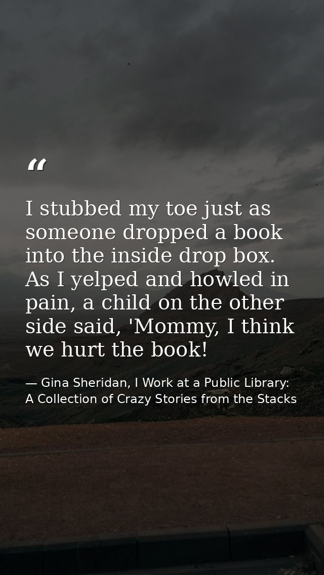 I stubbed my toe just as someone dropped a book into the inside drop box. As I yelped and howled in pain, a child on the — Gina Sheridan, I Work at a Public Library: A Collection of Crazy Stories from the Stacks