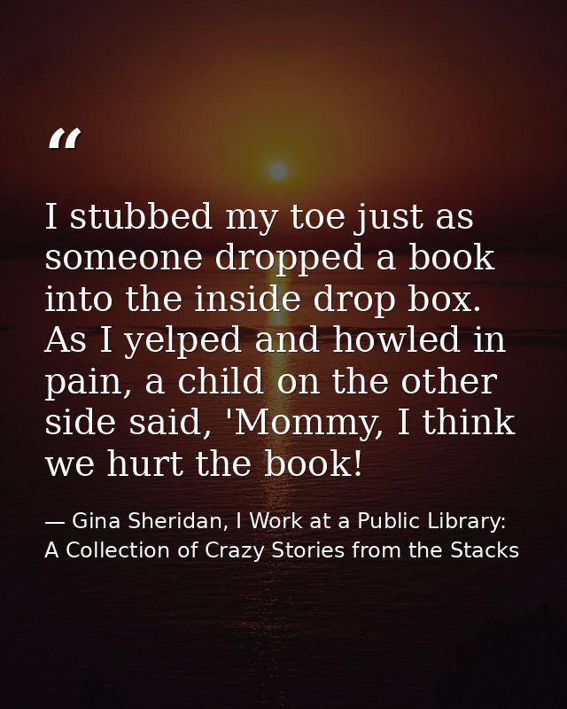 I stubbed my toe just as someone dropped a book into the inside drop box. As I yelped and howled in pain, a child on the — Gina Sheridan, I Work at a Public Library: A Collection of Crazy Stories from the Stacks