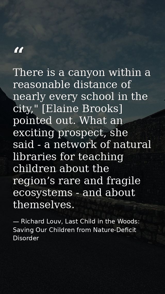 There is a canyon within a reasonable distance of nearly every school in the city," [Elaine Brooks] pointed out. What an — Richard Louv, Last Child in the Woods: Saving Our Children from Nature-Deficit Disorder