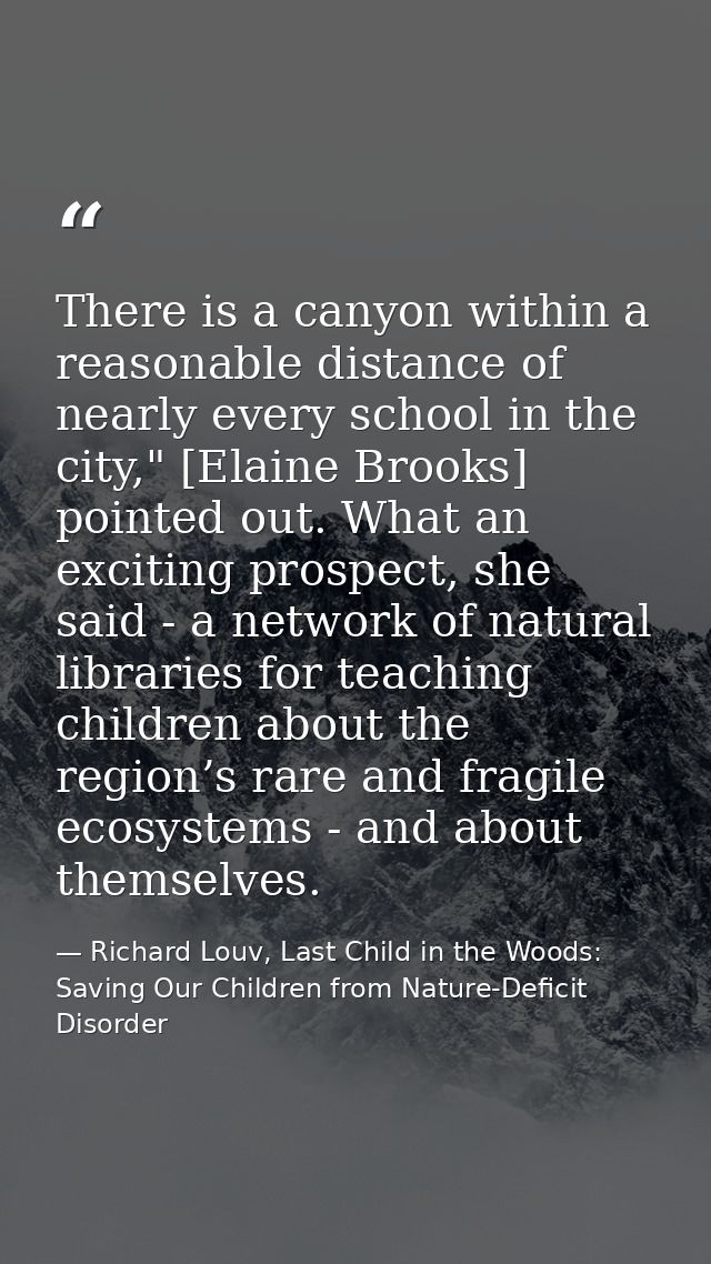 There is a canyon within a reasonable distance of nearly every school in the city," [Elaine Brooks] pointed out. What an — Richard Louv, Last Child in the Woods: Saving Our Children from Nature-Deficit Disorder
