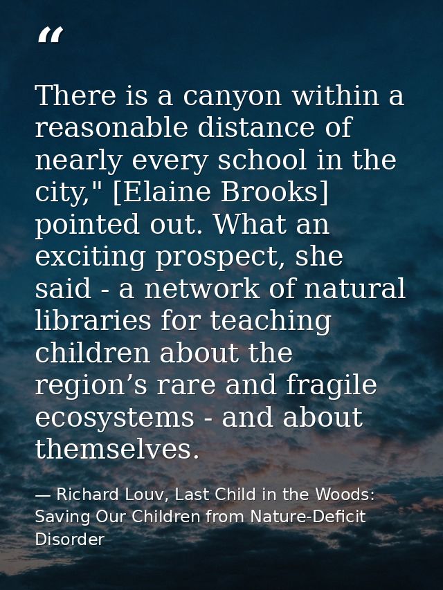 There is a canyon within a reasonable distance of nearly every school in the city," [Elaine Brooks] pointed out. What an — Richard Louv, Last Child in the Woods: Saving Our Children from Nature-Deficit Disorder