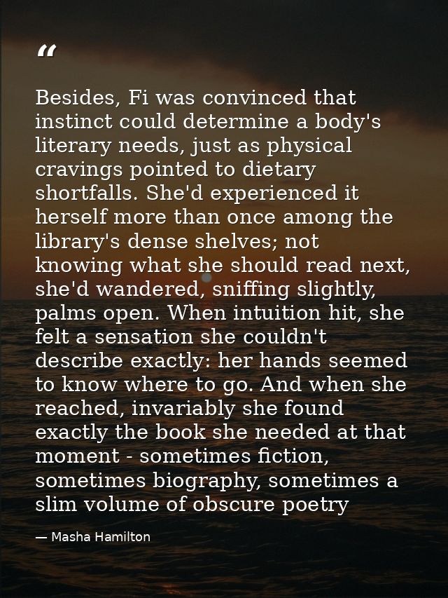 Besides, Fi was convinced that instinct could determine a body's literary needs, just as physical cravings pointed to di — Masha Hamilton