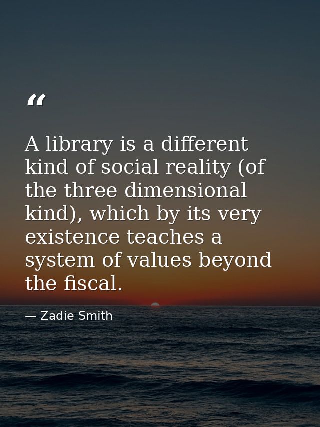 A library is a different kind of social reality (of the three dimensional kind), which by its very existence teaches a s — Zadie Smith