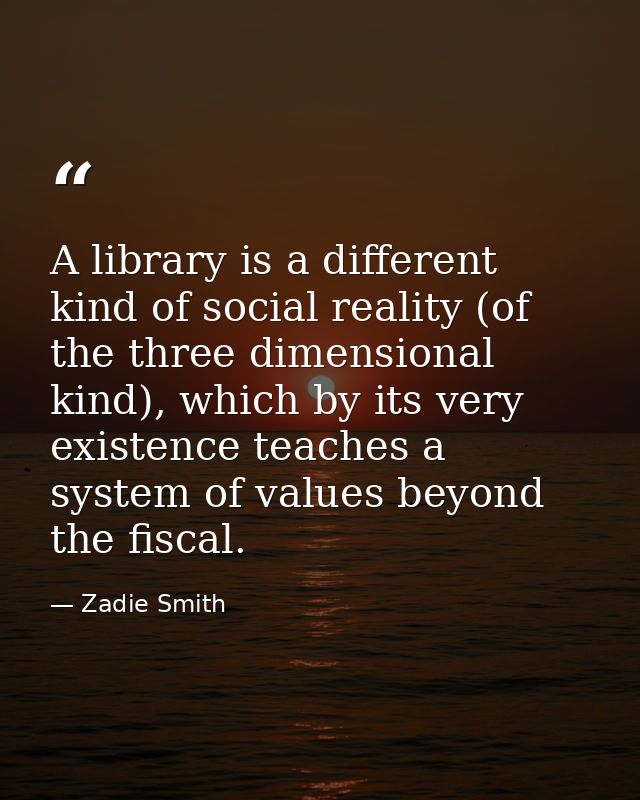 A library is a different kind of social reality (of the three dimensional kind), which by its very existence teaches a s — Zadie Smith