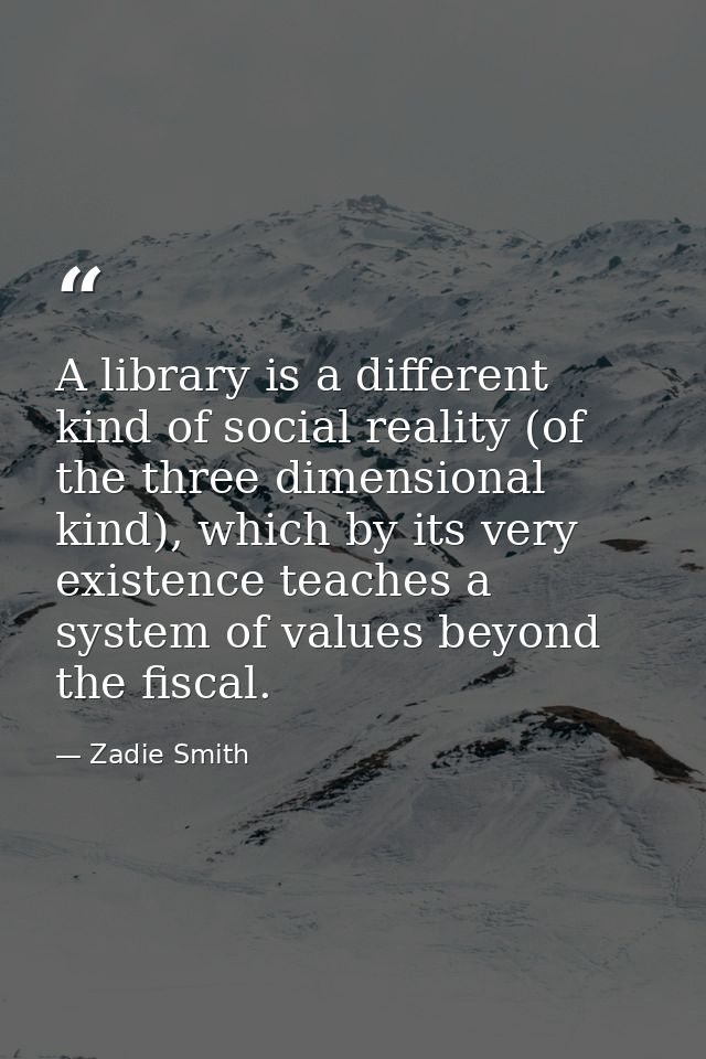 A library is a different kind of social reality (of the three dimensional kind), which by its very existence teaches a s — Zadie Smith
