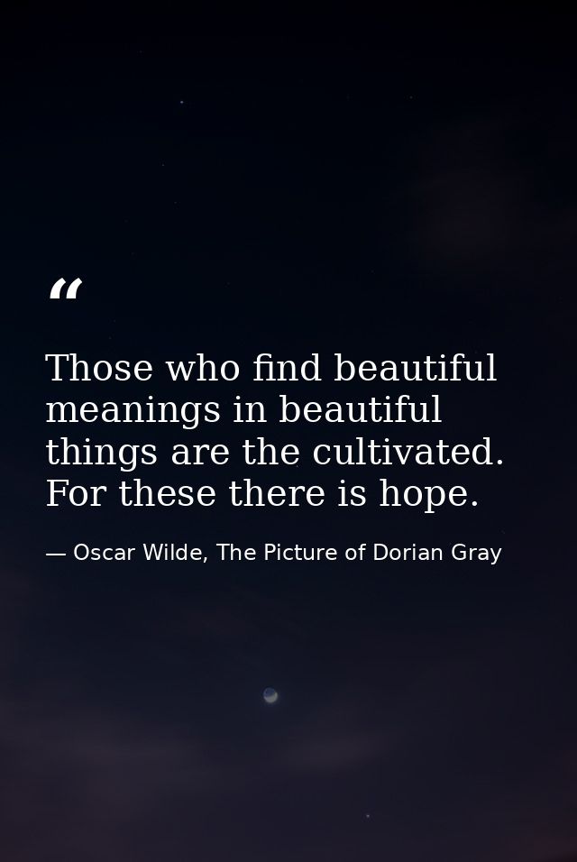Those who find beautiful meanings in beautiful things are the cultivated. For these there is hope. — Oscar Wilde, The Picture of Dorian Gray