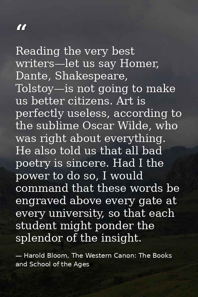 Reading the very best writers—let us say Homer, Dante, Shakespeare, Tolstoy—is not going to make us better citizens. Art — Harold Bloom, The Western Canon: The Books and School of the Ages