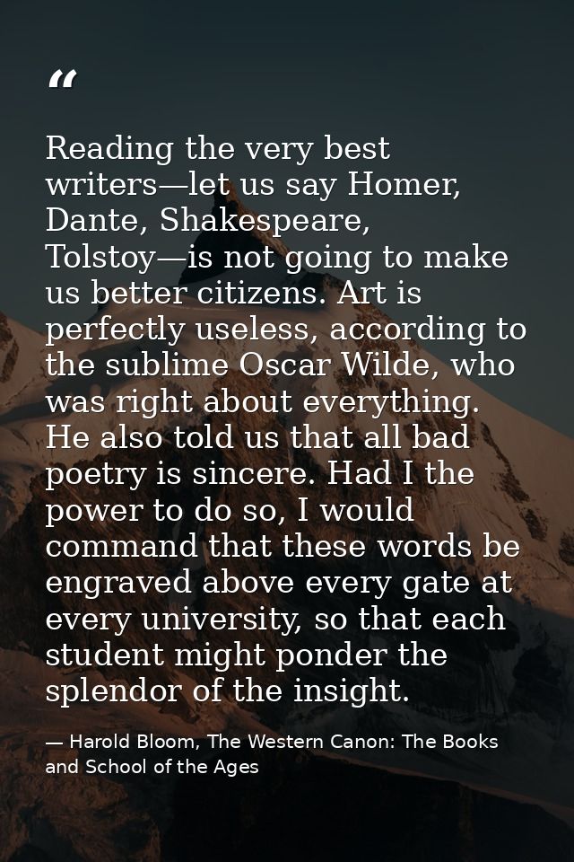 Reading the very best writers—let us say Homer, Dante, Shakespeare, Tolstoy—is not going to make us better citizens. Art — Harold Bloom, The Western Canon: The Books and School of the Ages