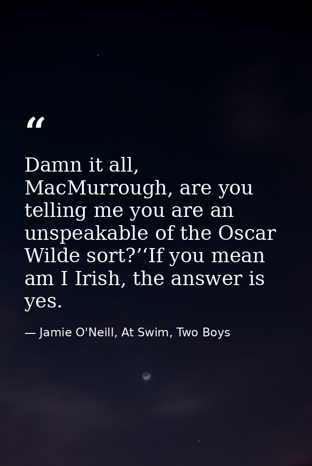 Damn it all, MacMurrough, are you telling me you are an unspeakable of the Oscar Wilde sort?’‘If you mean am I Irish, th — Jamie O'Neill, At Swim, Two Boys