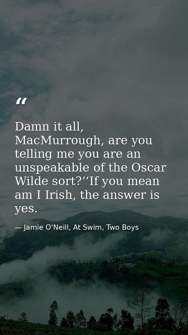 Damn it all, MacMurrough, are you telling me you are an unspeakable of the Oscar Wilde sort?’‘If you mean am I Irish, th — Jamie O'Neill, At Swim, Two Boys