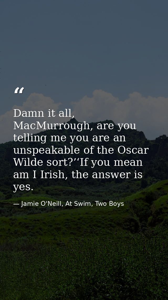 Damn it all, MacMurrough, are you telling me you are an unspeakable of the Oscar Wilde sort?’‘If you mean am I Irish, th — Jamie O'Neill, At Swim, Two Boys